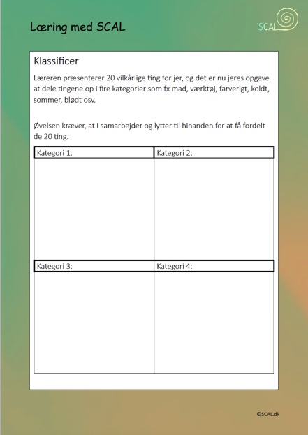 Arbejdsark til teambuilding øvelsen klassificer.