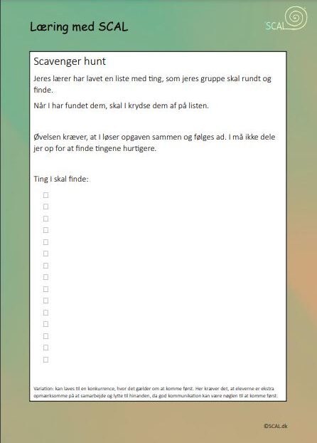 Arbejdsark til teambuilding øvelsen scavenger hunt.