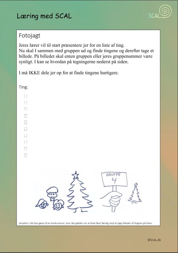 Teambuilding øvelses ark. Fotojagt kan bruges til at træne sammenhold og kløgtig tænkning. Samarbejde står højt på listen.