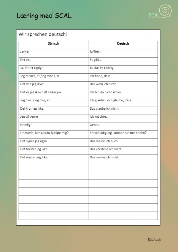 Arbejdsark med tyske sætningsstartere