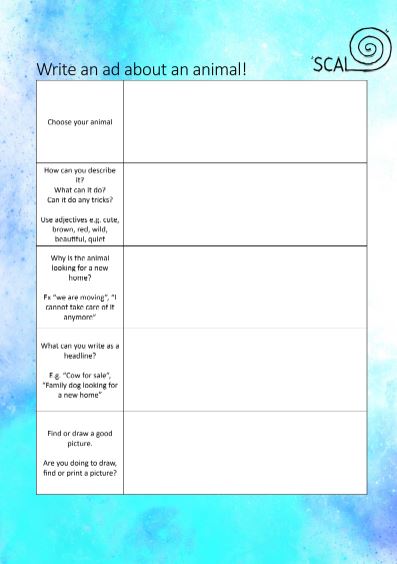 Kopiark til engelsk. Skriv en reklame om et dyr.