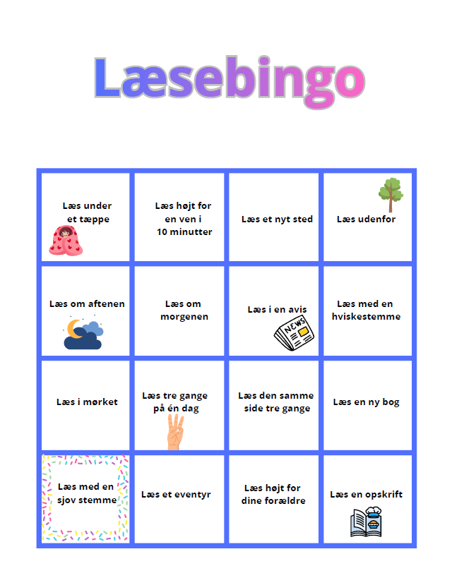 Illustration af et farverigt Læsebingo-ark fra Læring med SCAL, med små felter fyldt med sjove læseudfordringer for elever i grundskolen.